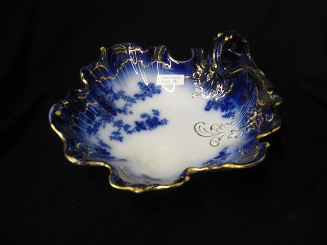 La Bella Flow Blue Ironstone Bowl,: scalloped & handled, gold trim, 10 1/2", excellent.