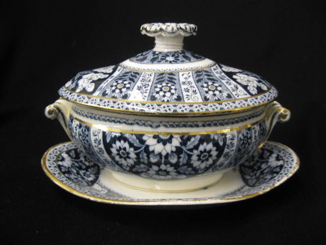 Wedgwood Transferware Ironstone Sauce Tureen,: oval, gold trim on deep blue florals, with undertray, 5" tall, 7 3/4" long, circa 1880.