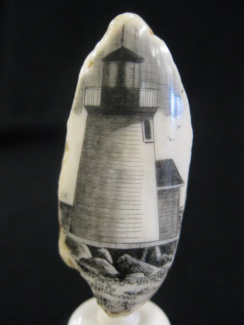 2 pcs. Ivory Scrimshaw Teeth, lighthouse by: Salman Rashidi and whaling ship by F.W. Tosk, 2-1/2" to 3"
