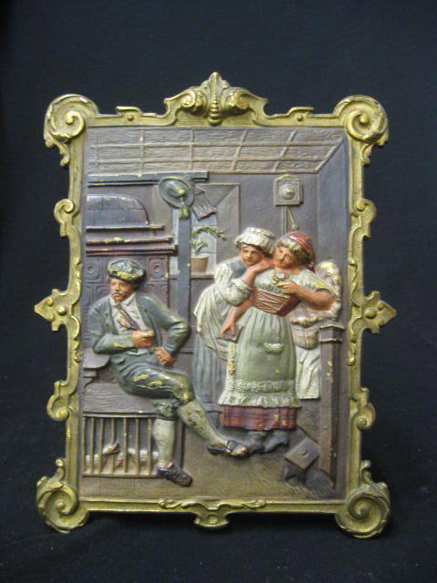Bradley & Hubbard Bronzed Plaque,: tavern scene, original paint, 8" x 10", signed....The partnership of Nathaniel and William L. Bradley, Walter Hubbard, and Orson and Chitten Hatch began in Meriden, Connecticut in1852 as Bradley, Hatc