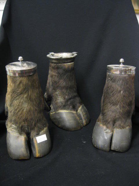 Water Buffalo "Hoof" Smoking Set,: silverplate tops, cigarette box, humidor & ashtray, 10" tall.