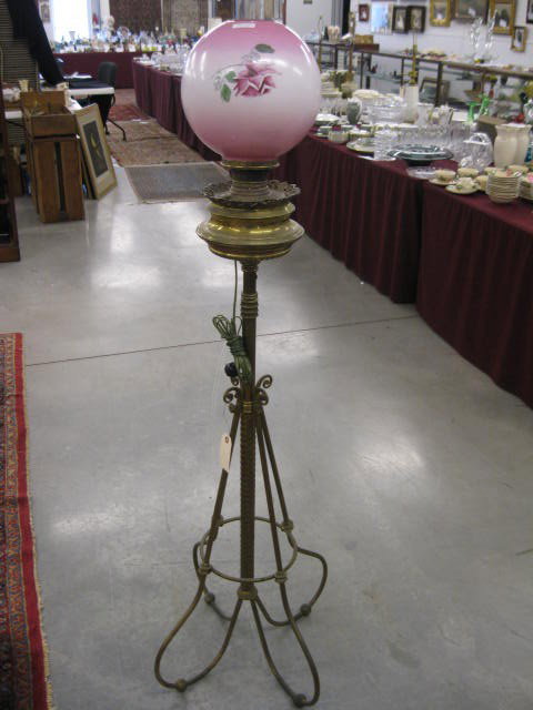 Bradley & Hubbard Victorian Piano Lamp,: brass telescopic base, handpainted rose globe, signed....The partnership of Nathaniel and William L. Bradley, Walter Hubbard, and Orson and Chitten Hatch began in Meriden, Connecticut in1852 as Bradle