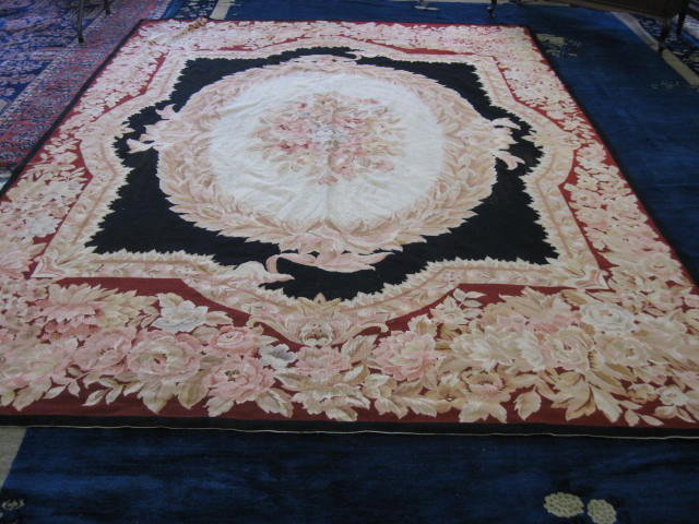 Chinese Aubusson Handmade Room Size: rug, red, tan and ivory floral, indigo field, 8'5" x 11'6"