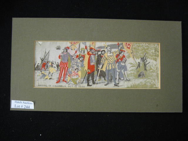 Stevensgraph "Landing of Columbus", Woven: silk picture, made in 1892 for the Columbian World's Fair, image area 2-1/2" x 6-1/2"....Stevengraphs are pictures woven from silk, originally created by Thomas Steven in the 19th century. They were p