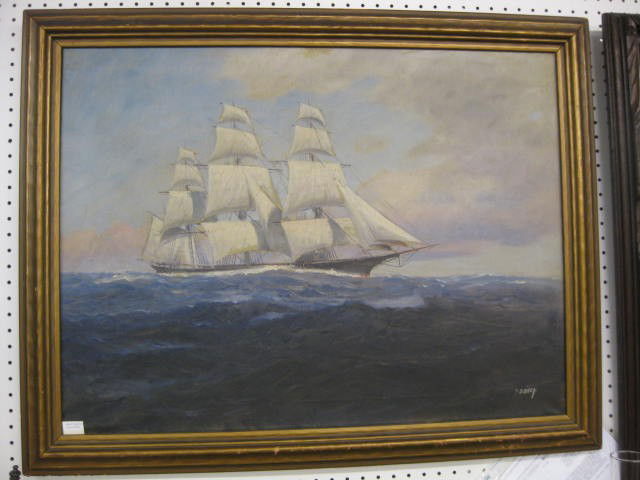 T. Bailey, Oil, Sailing Ship at Sea,: image area 24" x 32", circa 1910, on canvas....OIL PAINTING LANDSCAPE SIGNED T. BAILEY 24"x32" MOST LIKELY William Frederick PASKELL (1866-1951) [ALSO KNOWN AS]T BAILEY OR H.H. HOWE Birth place: Bosto
