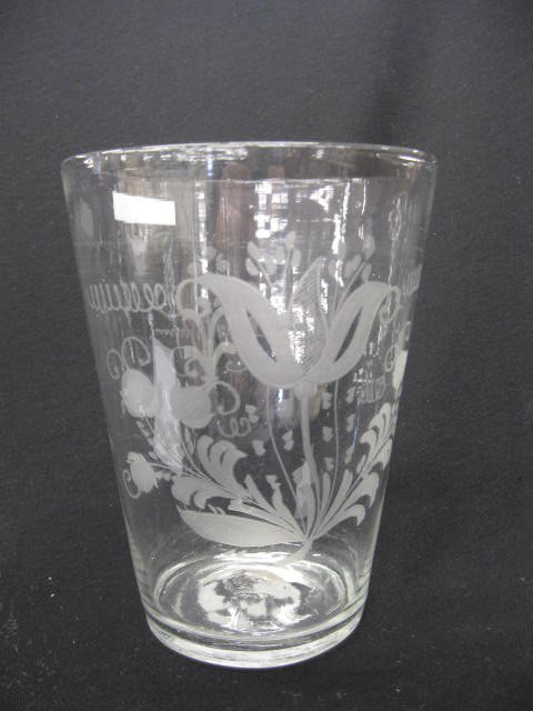 Steigel-type Glass Engraved Vase, tulip: decor, 7-1/2", late 18th century, excellent...The next well-known type of American glass was that made by the German William Henry Stiegel in Manheim, Pennsylvania. Stiegel operated his glassworks fro