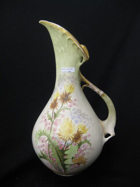 Teplitz Amphora Austria Vase, ewer form,: elaborate handpainted floral, 13-1/2"