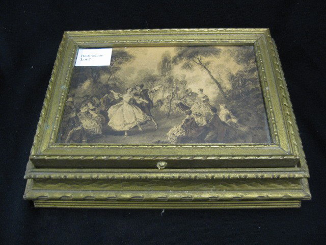 Antique Jewelry Box with Costume Jewelry,: good mixture, French style wooden box with festival scene
