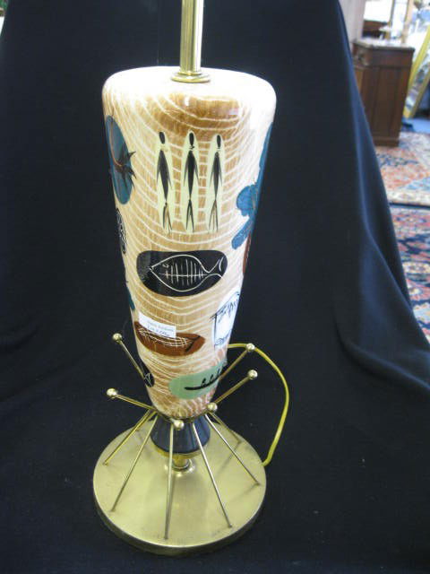 Marc Bellaire California Pottery Lamp,: villager scenes, 29" overall, excellent...Marc Bellaire was employed by Sascha Brastoff in West Los Angeles. He later opened his own ceramics business in Culver City, California with the leading trade