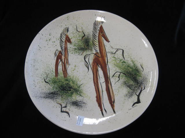 Marc Bellaire California Pottery Charger,: stylized horse decor, 16-1/2", signed, excellent...Marc Bellaire was employed by Sascha Brastoff in West Los Angeles. He later opened his own ceramics business in Culver City, California with the lead