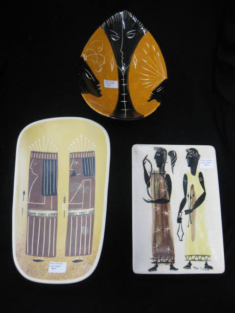 3 pcs. Marc Bellaire California Pottery,: plaque with Greco Roman figures, oval bowl with portraits and oblong dish with King and Queen, all excellent...Marc Bellaire was employed by Sascha Brastoff in West Los Angeles. He later opened his ow