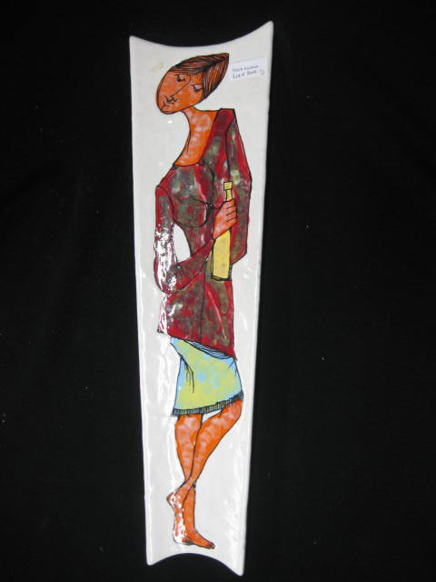 Fusco Amalfi Italian Pottery Plaque, young lady: with wine bottle, signed, image area 5" x 19", excellent.