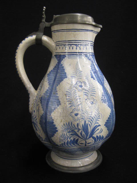 Early Stein, Delft Style, basket of fruit & floral: decor, pewter lid and base trim, 10"