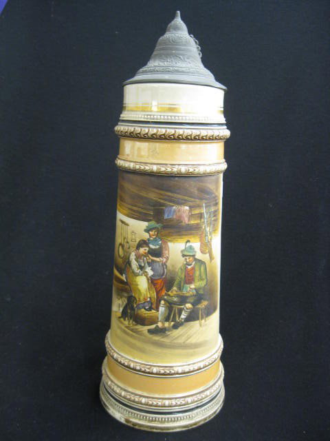 German Handpainted Pottery Stein, family: interior scene, pewter lid, 13-3/4", circa 1910, excellent