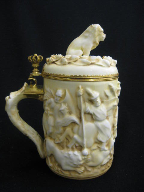Antique Porcelain Stein, bas-relief scene: of lions & knights, gilt trim, 8" tall, old staple repairs in base