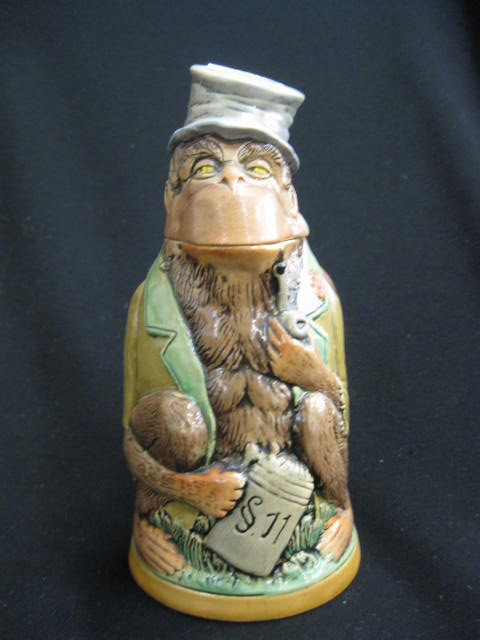German Pottery Figural Monkey Stein,: 8" tall, #820, excellent