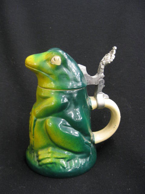 German Pottery Figural Stein, seated frog,: holding his belly, #849, 5-3/4", excellent