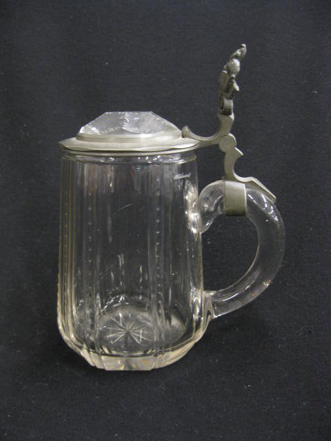 German Cut Crystal Stein, prism inlaid: pewter top, 7-1/2"