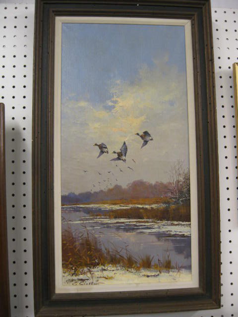 George Stevens, Oil, Mallards in Flight,: well listed artist, on canvas, image area 12" x 24"