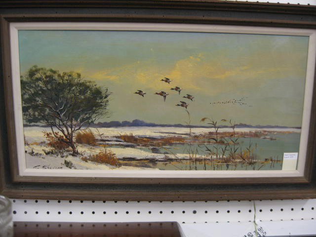 George Stevens, Oil, "Mallards in Flight",: well listed artist, on canvas, image area 24" x 12"