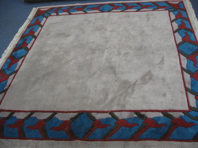 Chinese Handmade Sculptured Wool Rug,: teal, brown and red on grey field, 7' square