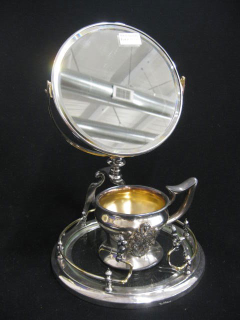 Victorian Silverplate Shaving Mug & Stand,: round beveled mirror, 11 1/2" tall.