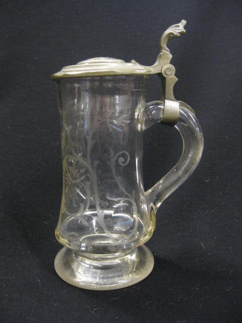 German Etched Crystal Stein, porcelain: inlaid pewter lid, 8-1/2"
