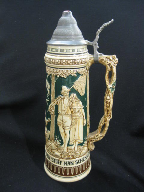 German Pottery Stein, bas-relief scene with: courting couple, 16" tall, pewter lid