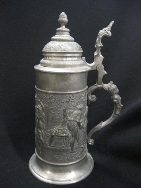 German Pewter Stein, bas-relief festive: scene, 9-1/2"