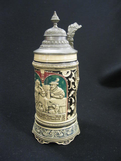 German Pottery Stein, bas-relief scene with: man and maiden, 10" tall, pewter lid, excellent, 1/2 liter