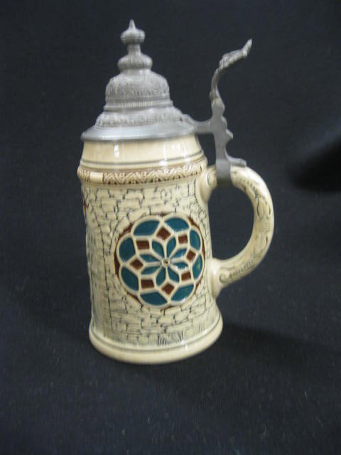German Pottery Stein, bas-relief scene with: king, pewter lid, 8-1/2", 1/2 liter, excellent