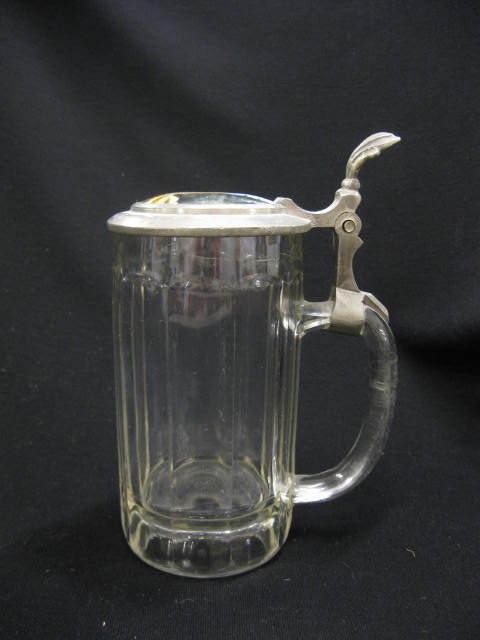German Crystal Stein, handpainted porcelain: inlaid pewter lid with stag, 7-1/2", chip at base