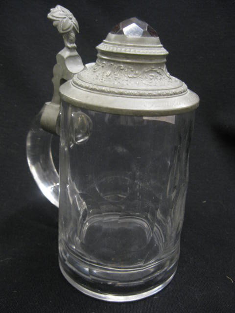 German Cut Crystal Stein, amber prism: inlaid pewter top, 7" tall