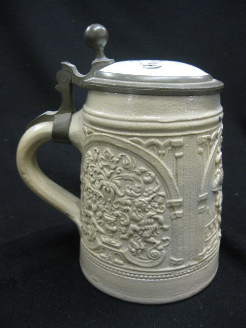 German Salt Glaze Stoneware Stein,: bas-relief scene with cavaliers, porcelain inlaid top, 6-1/4"