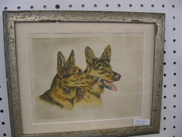 Paul Wood, Etching, German Shepherds,: 7" x 9", pencil signed...Paul Wood studied art at both the Springfield School of Fine Arts and at the Art Students League in New York. During his career he became well known for his watercolours and e