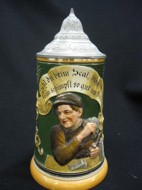 German Pottery Stein, bas-relief depicts man: smoking, drinking and gambling, pewter lid, 8", excellent