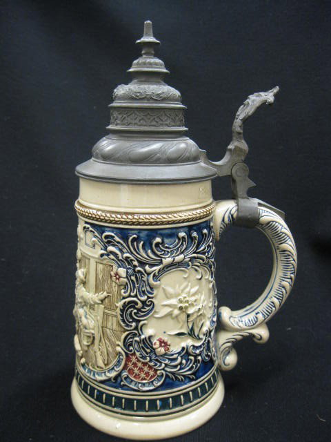 R.M. Germany Pottery Stein, bas-relief, festive: scene, by Reinhold Merkelbach, pewter lid, 9", 1/2 liter