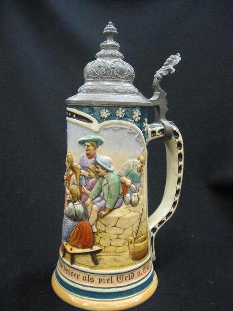 German Pottery Stein, bas-relief, family: scene, pewter lid, 10" tall, hairline at rim