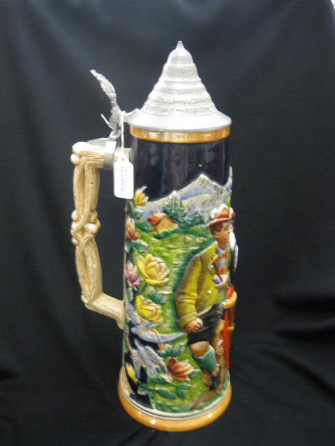 German Pottery Stein, bas-relief depicts: couple and foliage, 16-1/2" tall, pewter lid, excellent