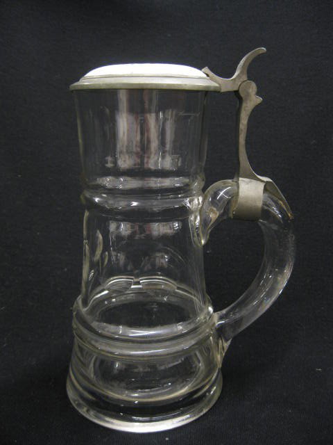 German Cut Crystal Stein, porcelain inlaid: top, 7-1/2"