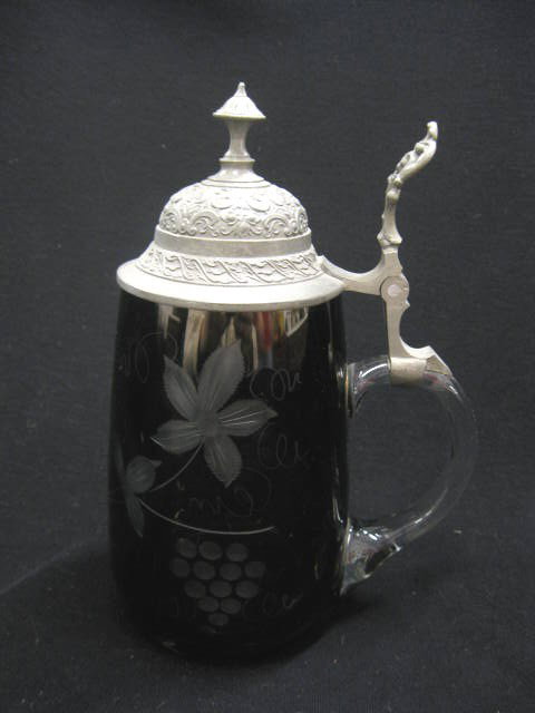 German Crystal Stein, deep emerald: cut-to-clear with grape & vine decor, pewter lid, 8", excellent