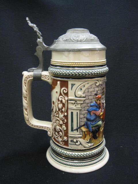 German Pottery Stein, bas-relief tavern scene,: 1/2 liter, pewter lid, 8" tall, excellent