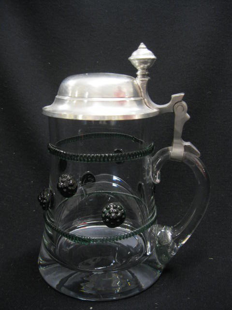 German Crystal Stein, applied green prunts: and cable, pewter lid, 7" tall, excellent