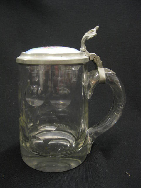 German Crystal Stein, porcelain inlaid pewter: lid with fine floral, 6-3/4"