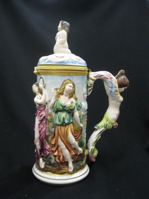 Capodimonte Pottery Stein, bas-relief with: maidens in the garden, figural top, 11"