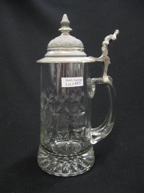 German Etched & Cut Crystal Stein,: pewter lid, 9" tall, excellent
