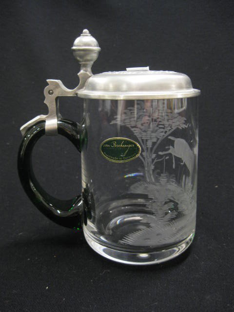 Etched Crystal Stein, Deer & Forest Design,: pewter lid, 6-1/2", excellent