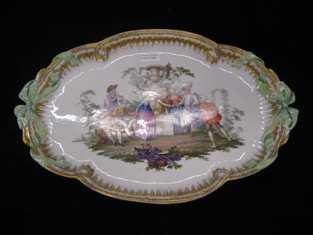 Meissen Porcelain Handpainted Tray, festive garden: garden party scene, fine gold trim, bow handles, crossed swords mark, 10-3/4" x 15-1/4"
