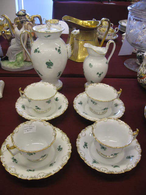 Meissen Porcelain Coffee Service, includes 9" pot,: 9" pot, tall creamer, 4 cups and 4 saucers, green floral sprays, gold trim, crossed swords mark, excellent