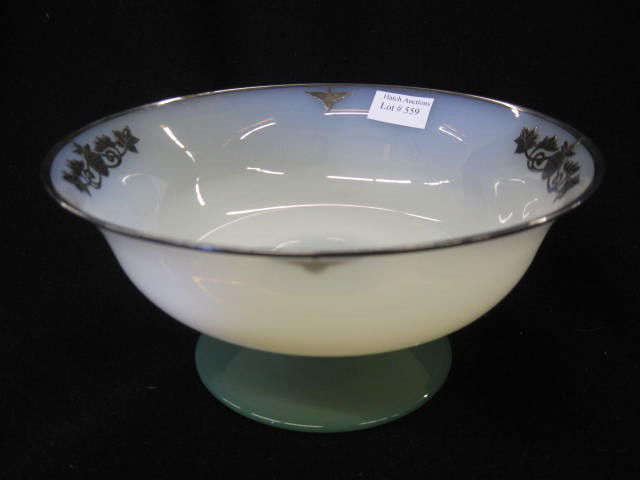 Steuben Art Glass & Silver Overlay Compote, strawb: strawberry decor on alabaster with jade green base, numbered, 8" diameter, 4" tall, unsigned